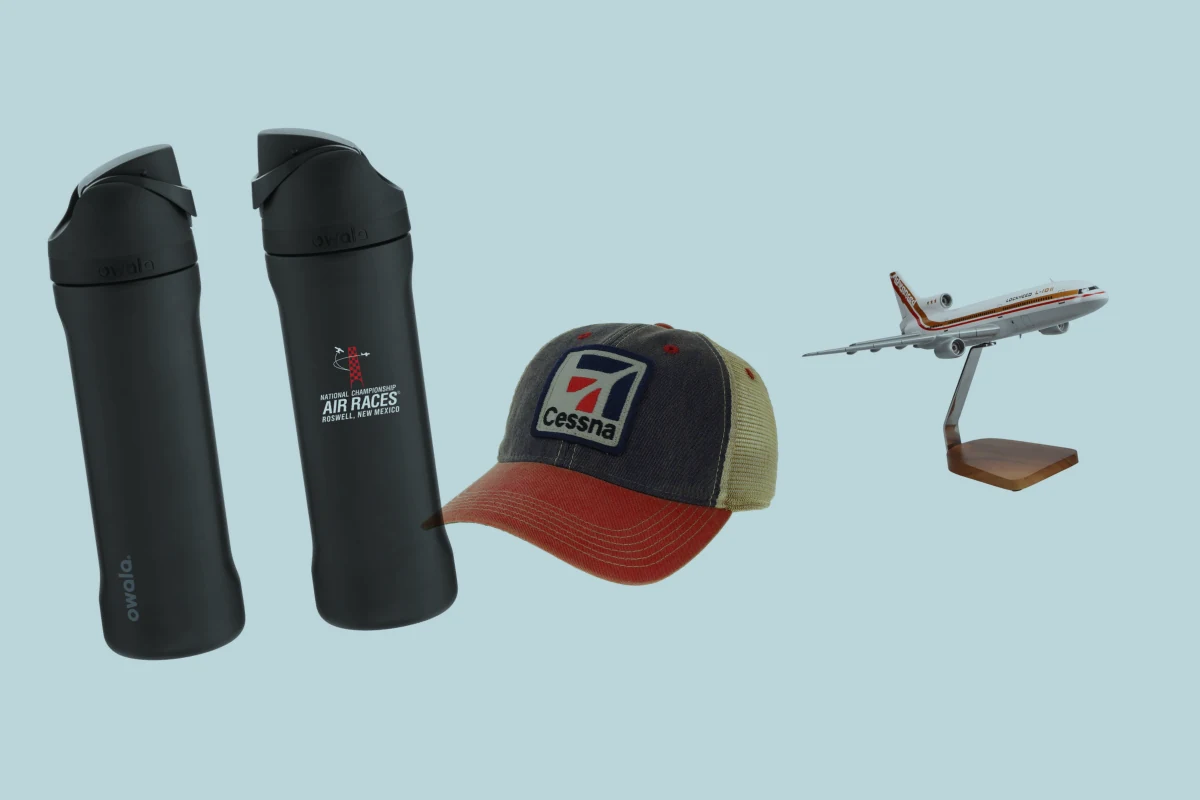 Owala FreeSip 24 oz, Roswell Air Races, Cessna patch trucker cap, Lockheed L-1011 TriStar Model