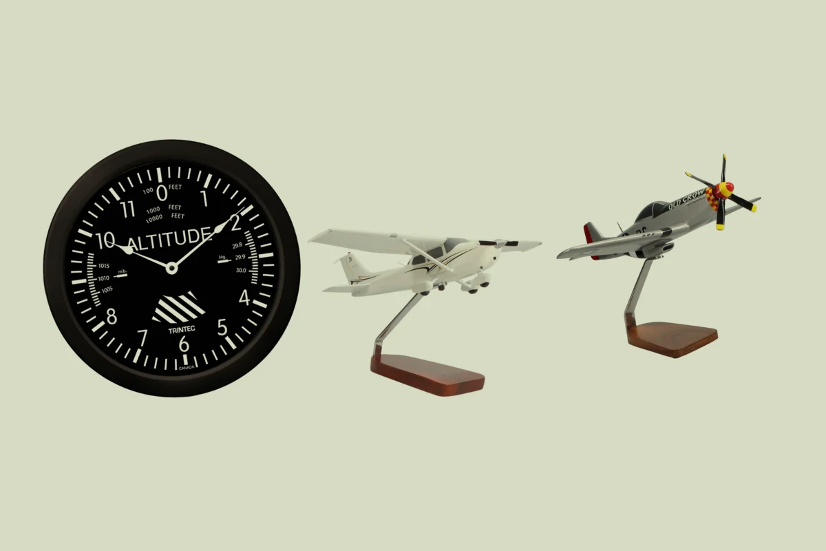 Trintec 14-inch Altimeter Wall Clock, Cessna 172 Skyhawk model, P-51D “Old Crow” Mahogany Model