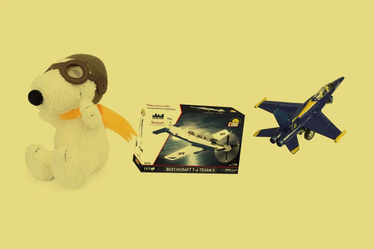 Peanuts Flying Ace Snoopy, 8-inch, COBI USAF T-6 Texan II, Toysmith F-18 Blue Angels Pullback Jet