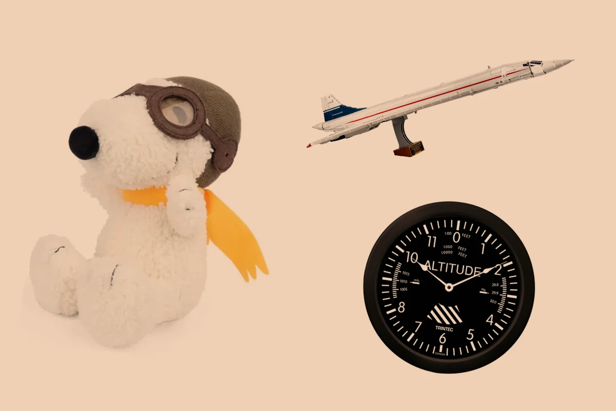 Peanuts Flying Ace Snoopy, 8-inch, LEGO Icons Concorde, Trintec 14-inch Altimeter Wall Clock