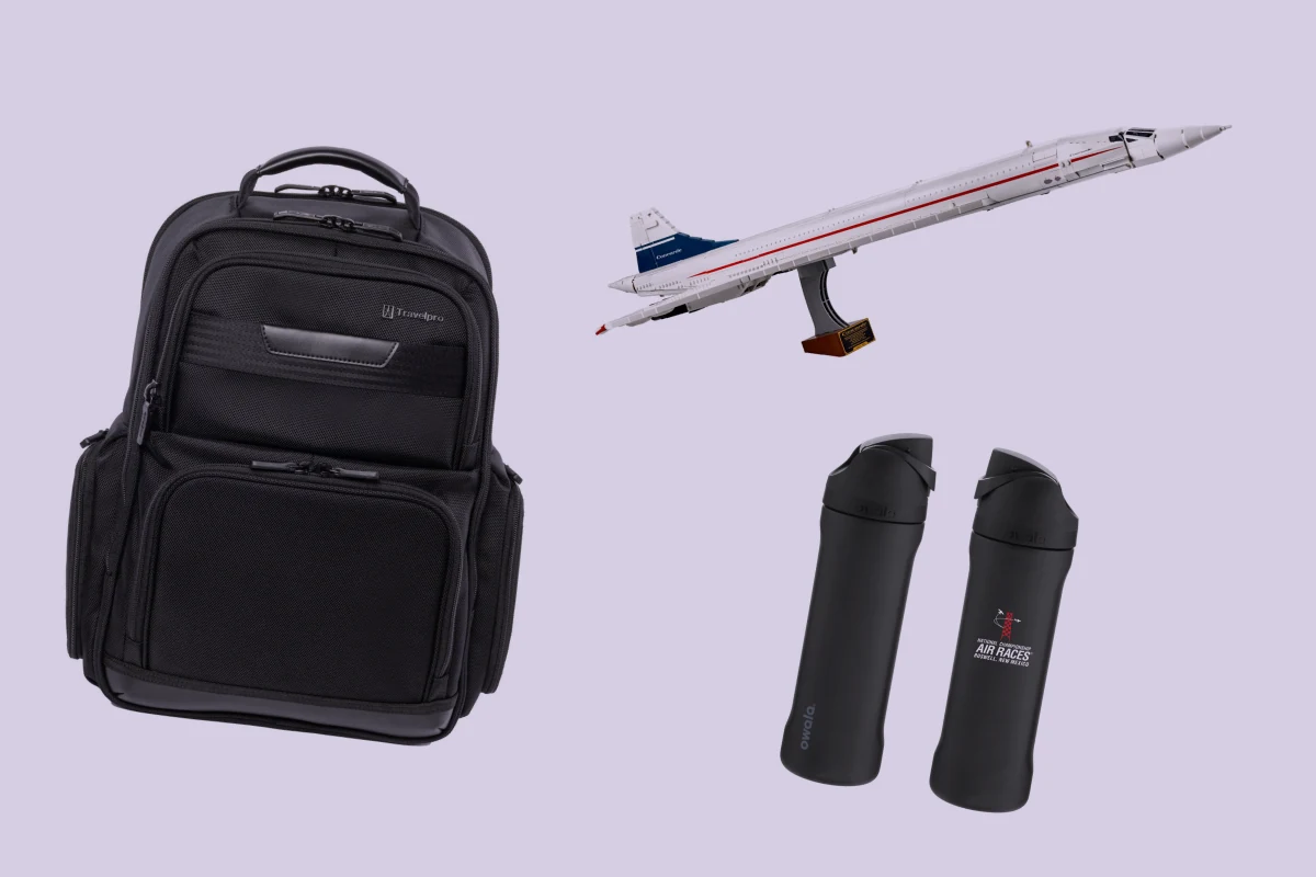Travelpro Pilot Flight Backpack, LEGO Icons Concorde, Owala FreeSip 24 oz, Roswell Air Races
