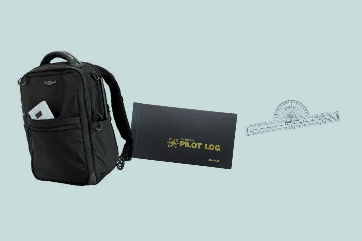 Flight Gear Stealth Bag, ASA pilot logbook, ASA CP-1 Fixed Plotter