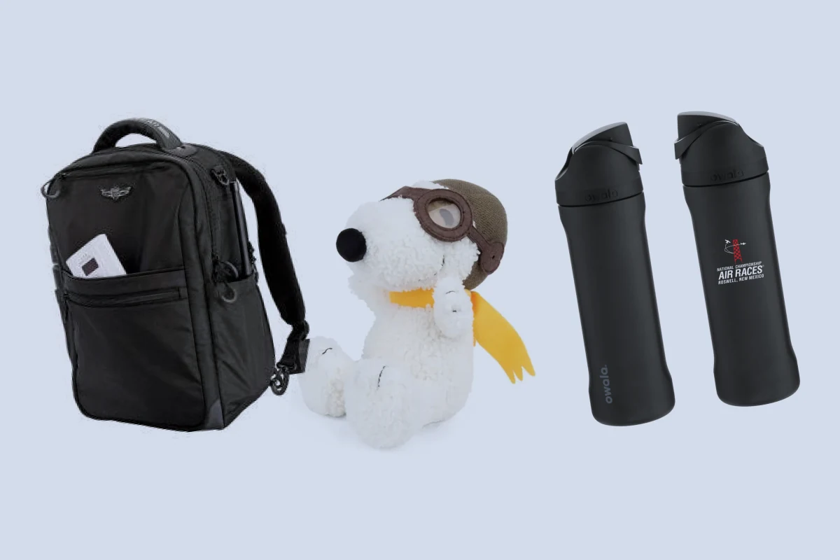 Flight Gear Stealth Bag, Peanuts Flying Ace Snoopy, 8-inch, Owala FreeSip 24 oz, Roswell Air Races