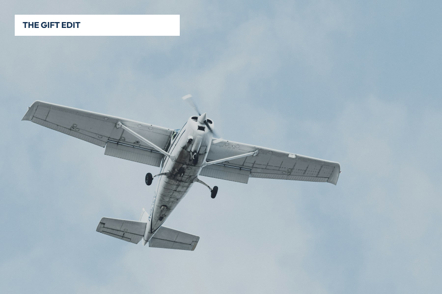 Cessna 172 flying overhead against a blue-gray sky