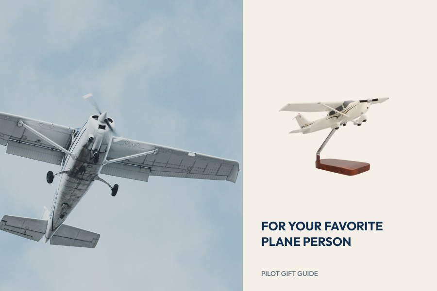 Cessna in flight beside a model Cessna on a stand